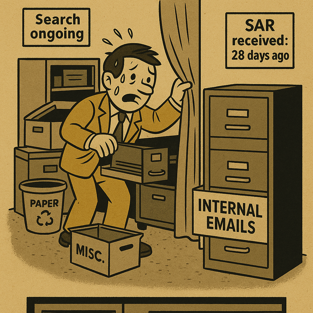 Satirical cartoon illustrating a general pattern in SAR handling where an organisation searches everywhere except internal emails