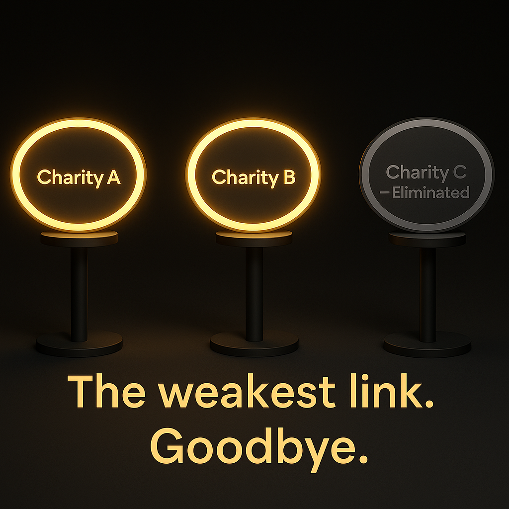 Abstract game show style podiums with two glowing charity podiums and one dimmed podium labelled Charity C Eliminated, with the text "The weakest link. Goodbye"