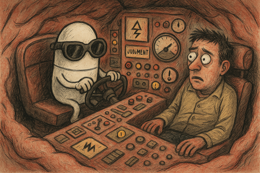 A surreal hand drawn illustration of a tiny Xanax pill wearing aviator goggles piloting a brain cockpit, while a confused man is pushed to the side with no control over the dashboard.