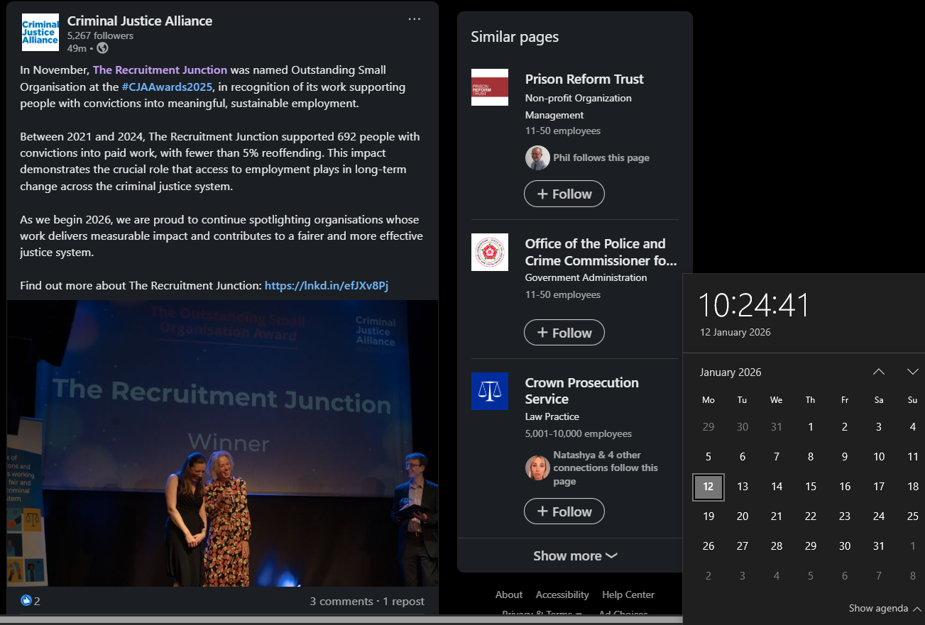 Screenshot of a LinkedIn post by the Criminal Justice Alliance announcing The Recruitment Junction as the Outstanding Small Organisation at the CJA Awards 2025, highlighting 692 people with convictions into paid work and fewer than five percent reoffending, with an awards stage photo and similar pages suggested on the right.