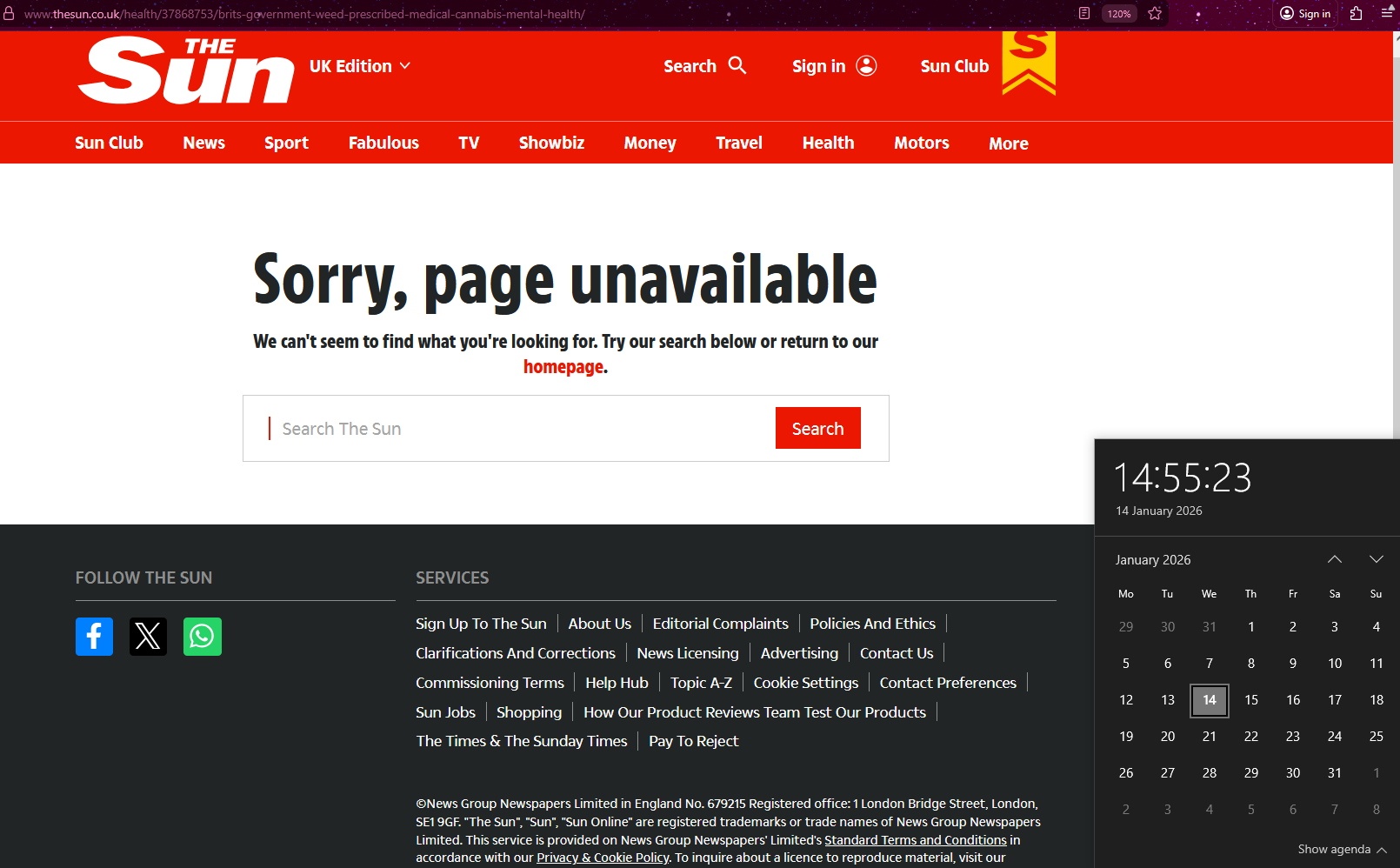 Screenshot of The Sun website showing “Sorry, page unavailable” where the ‘Stoner Nation’ medical cannabis article used to be.