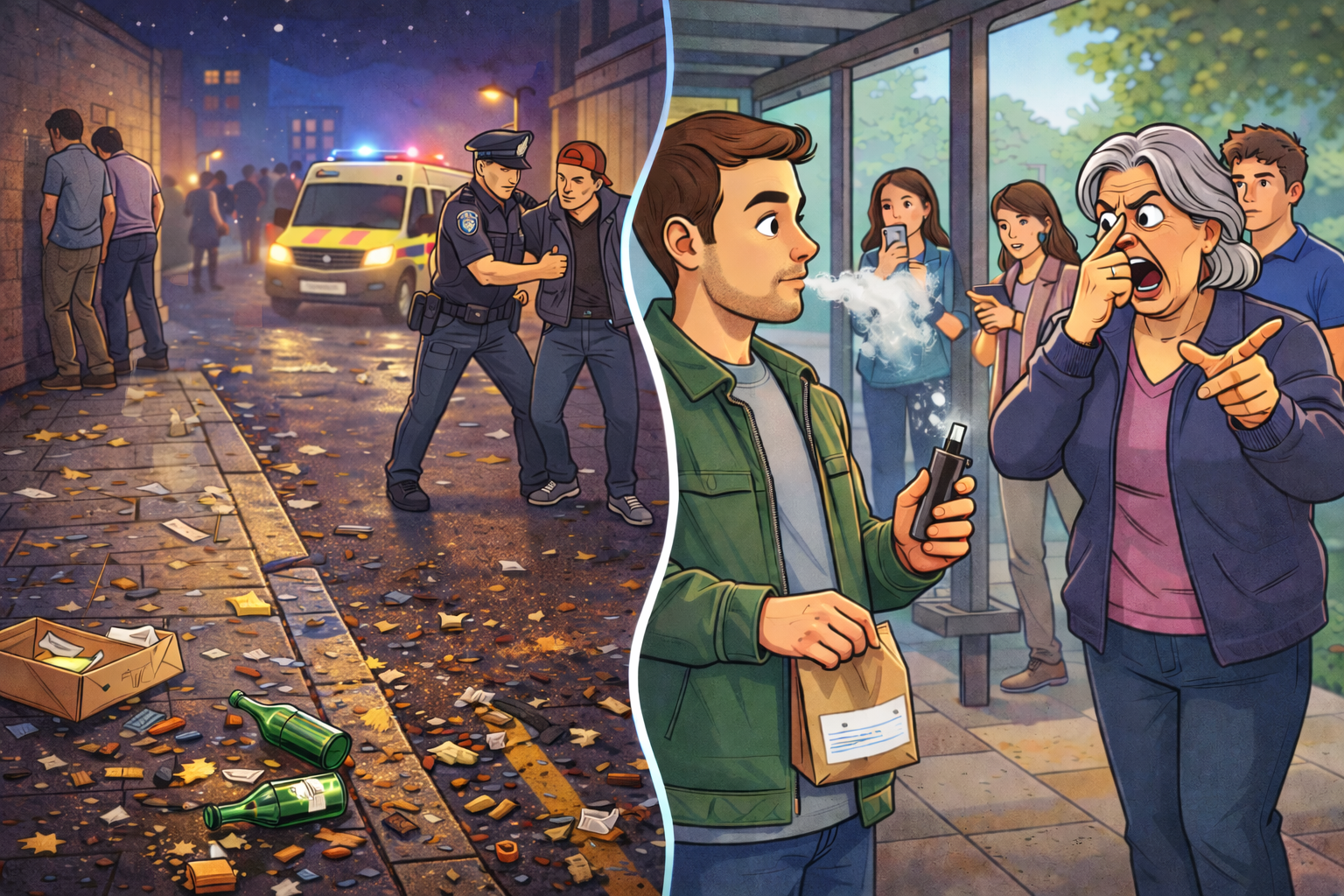 Cartoon illustration showing a UK night out with police arrests, litter and public disorder contrasted with a calm daytime scene where a person using a small cannabis vaporiser is publicly judged.