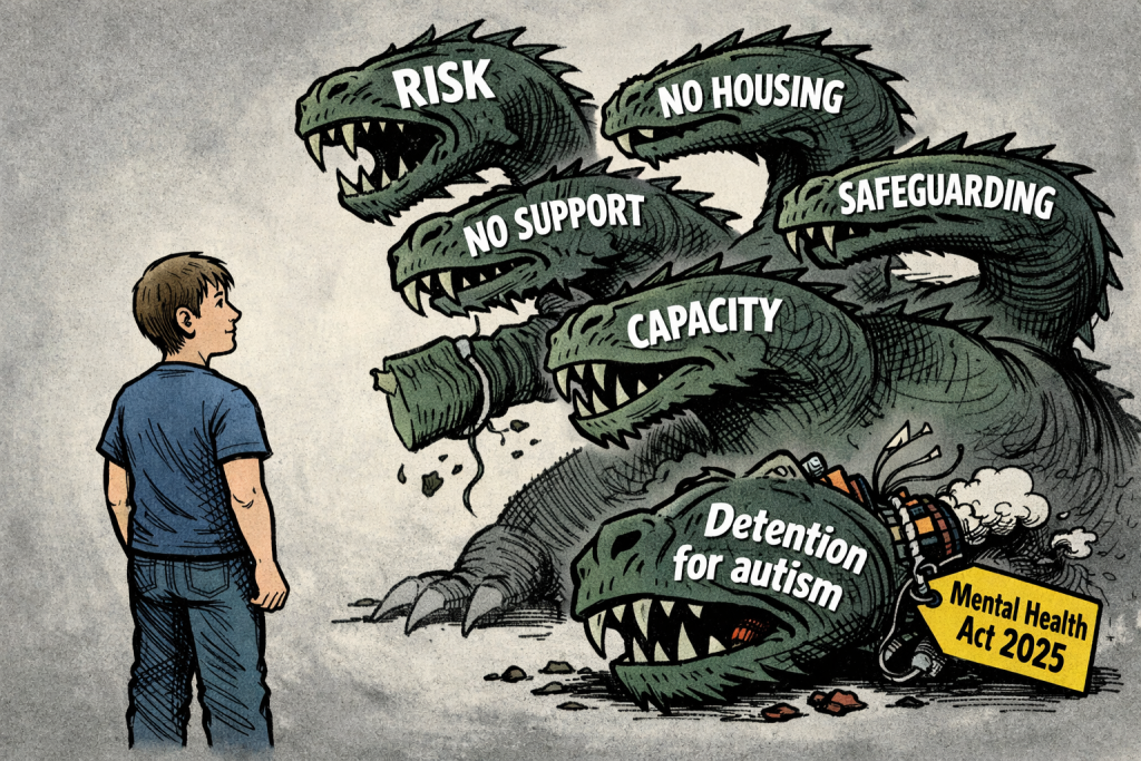 Cartoon autistic person facing a multi headed bureaucratic system hydra, with one severed head labelled detention for autism tagged Mental Health Act 2025.