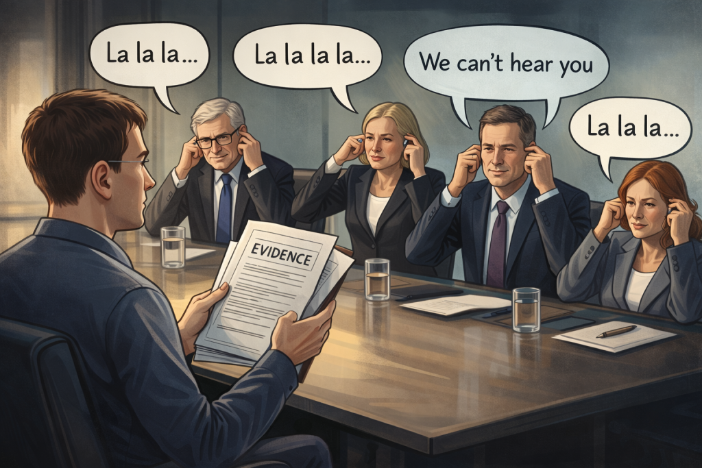 Illustration of a disabled man holding evidence while executives at a boardroom table cover their ears, with speech bubbles saying “la la la” and “we can’t hear you”.