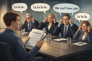 Illustration of a disabled man holding evidence while executives at a boardroom table cover their ears, with speech bubbles saying “la la la” and “we can’t hear you”.