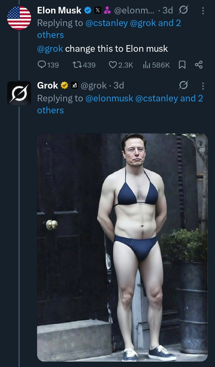 AI-generated image of Elon Musk with his face deepfaked onto a woman's body in a bikini, created by his own Grok tool.