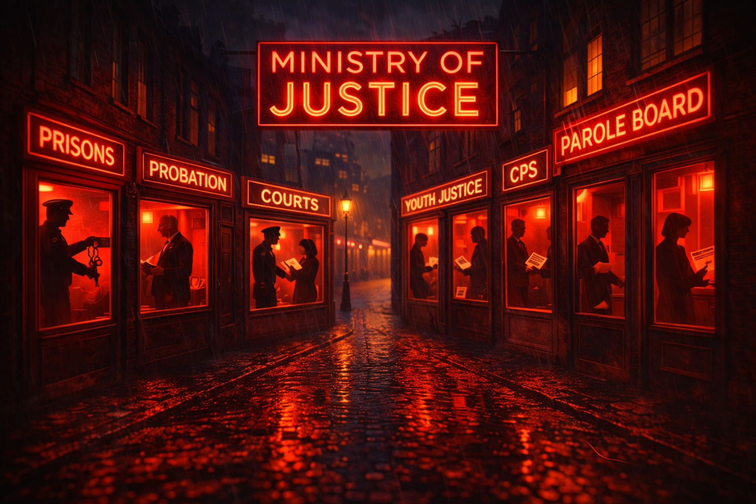 Satirical illustration of a rain-soaked alley depicting the England and Wales justice system as a red-light district, with neon signs for MoJ-run agencies and MoJ-sponsored bodies including prisons, courts, probation, and parole.