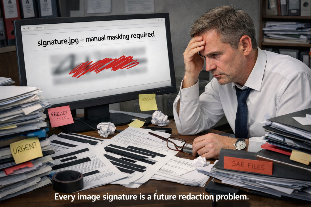 A stressed data protection officer sits at a messy desk surrounded by redacted documents and post-it notes marked "URGENT" and "REDACT – ASAP", staring at a computer screen showing the message "signature.jpg – manual masking required".