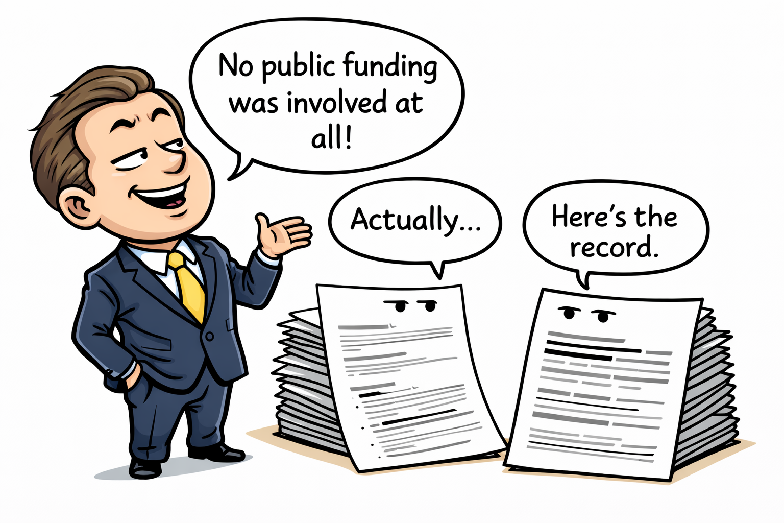 Cartoon showing a smug business executive claiming no public funding while FOI documents reply with the official record