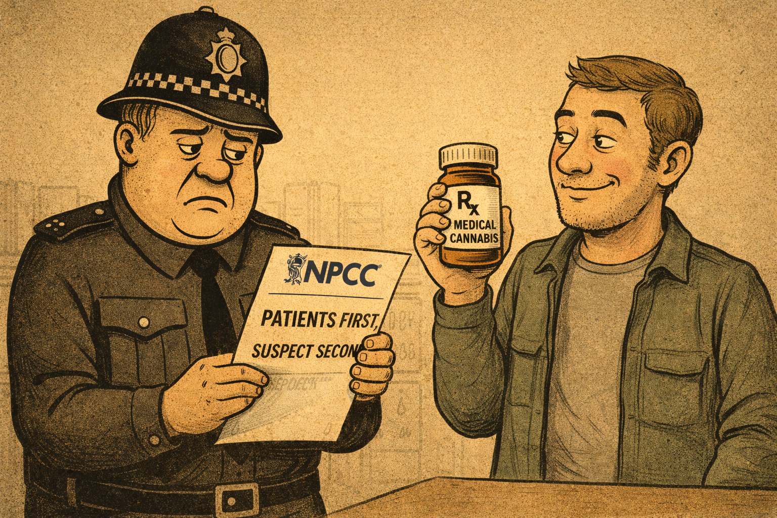 Police officer reading NPCC guidance while a medical cannabis patient calmly holds a prescription bottle