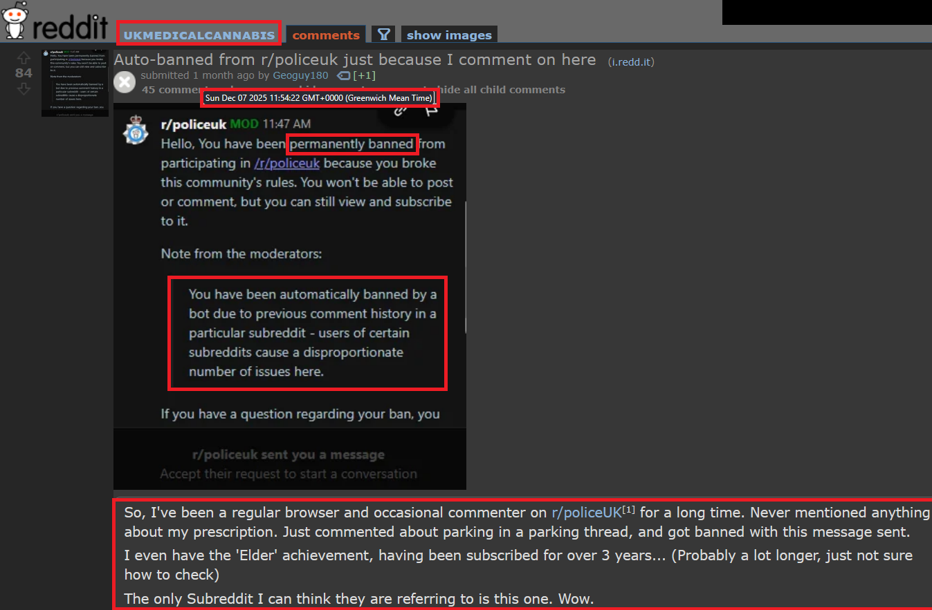 Screenshot of an r/PoliceUK permanent ban notice stating the ban was automatically triggered by a bot due to subreddit comment history.