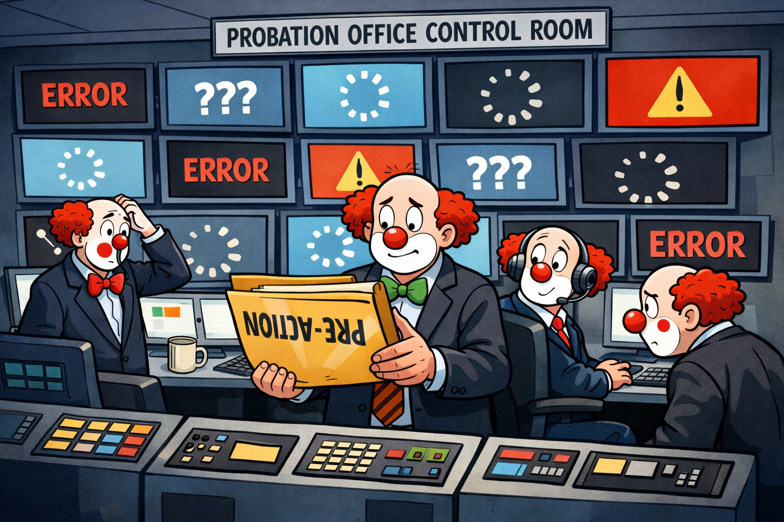 Cartoon clowns in charge of a control room staring at error screens, with a pre action folder being read upside down, showing those in charge have no idea what they are doing.