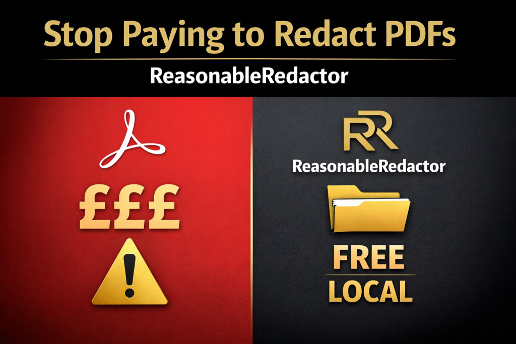 Comparison graphic showing Adobe Acrobat as costly and risky for PDF redaction versus ReasonableRedactor as a free local tool that redacts Bcc and masks email usernames offline.