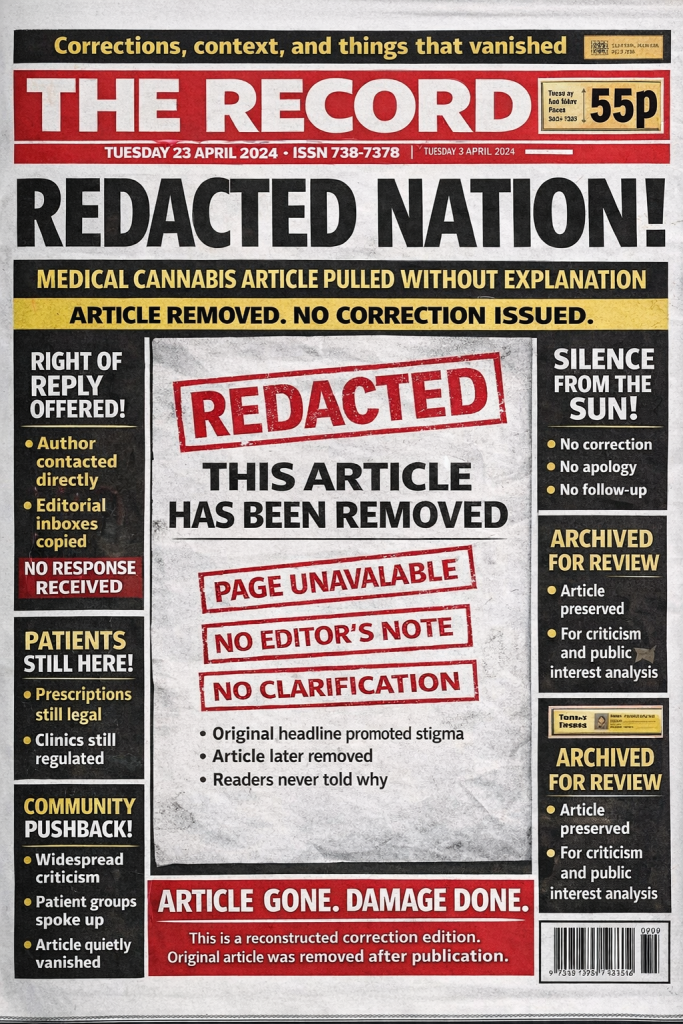 Tabloid-style correction front page titled “Redacted Nation” showing a removed medical cannabis article, with notices stating page unavailable, no correction issued, and silence from the publisher.