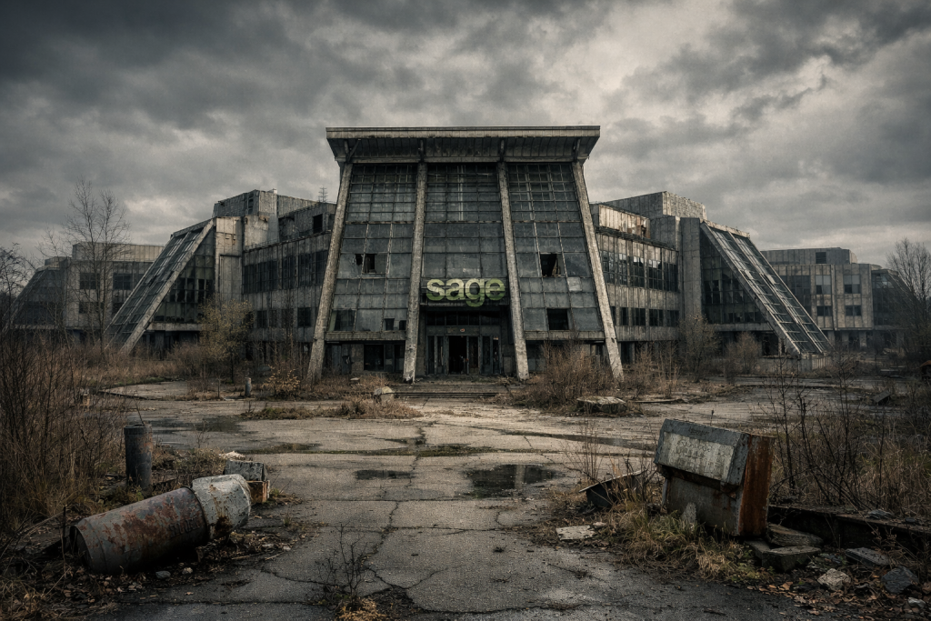 AI-generated illustration of an abandoned corporate headquarters resembling Sage’s former North Park site, with overgrown surroundings and a decayed facade.