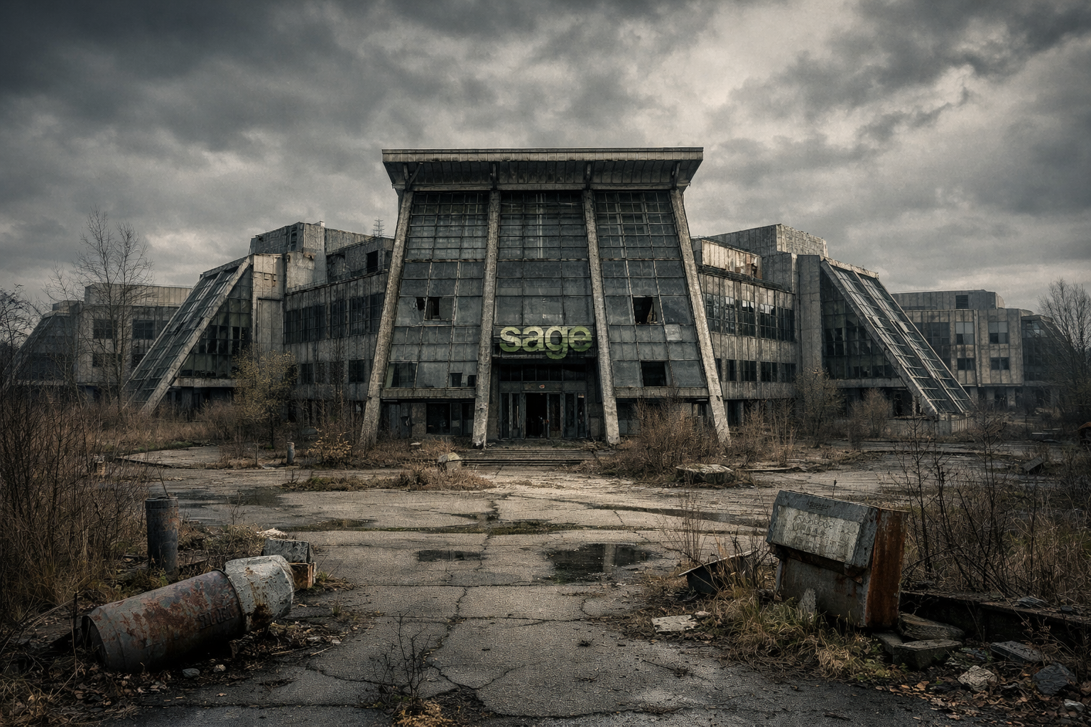 AI-generated illustration of an abandoned corporate headquarters resembling Sage’s former North Park site, with overgrown surroundings and a decayed facade.