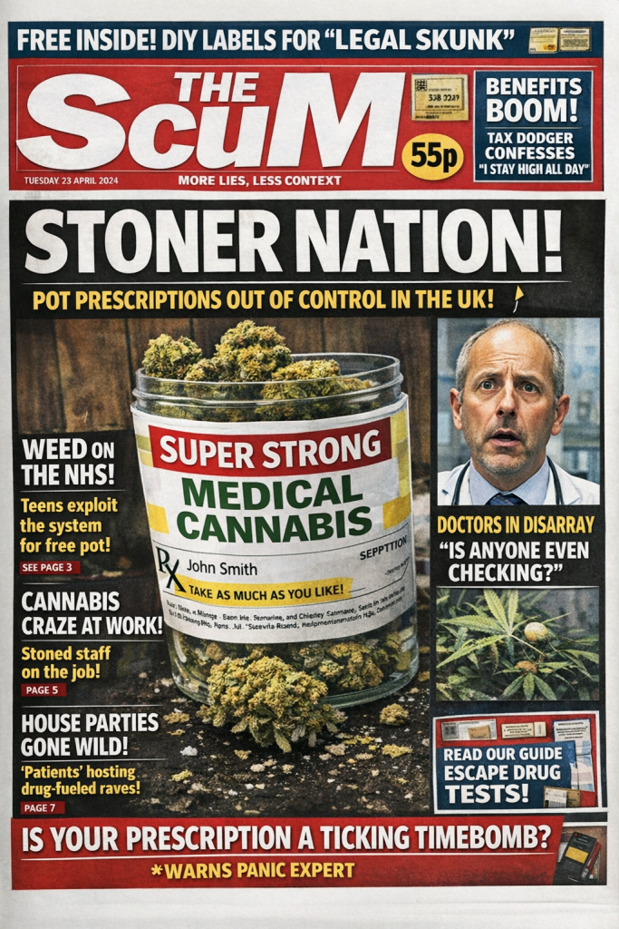 Satirical tabloid front page titled “The ScuM” with the headline “Stoner Nation!” mocking panic coverage of prescribed medical cannabis.