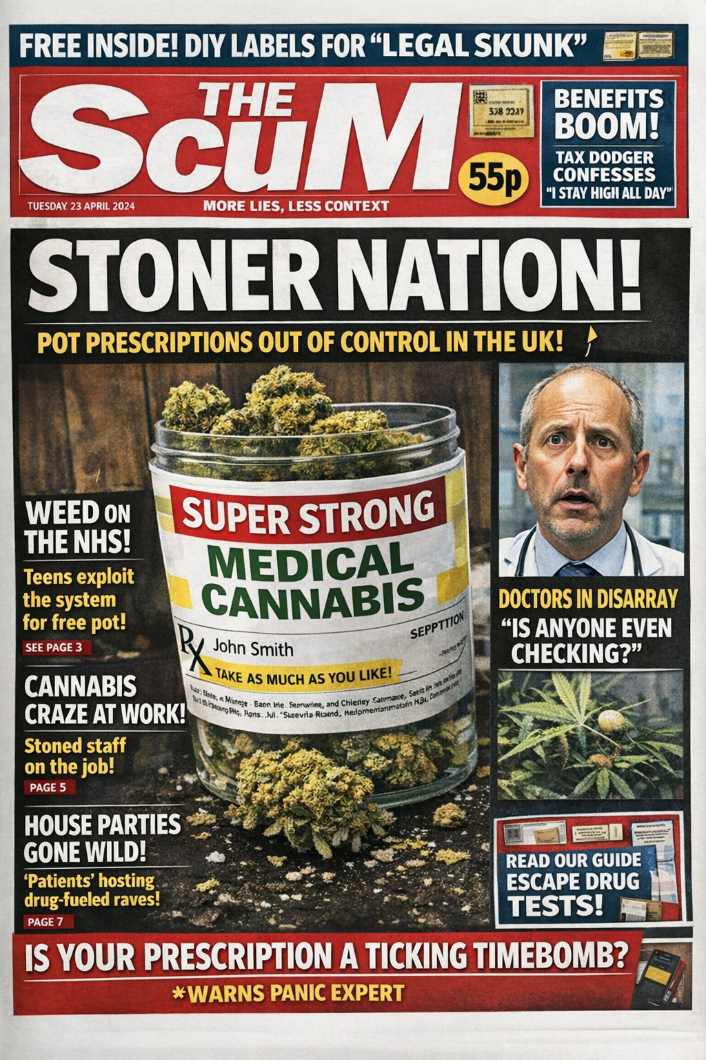 Satirical tabloid front page titled “The ScuM” with the headline “Stoner Nation!” mocking panic coverage of prescribed medical cannabis.