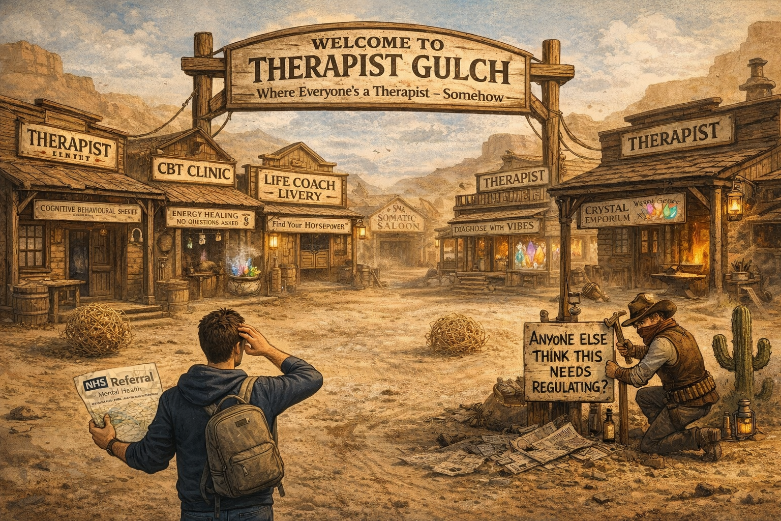 Cartoon illustration of a Wild West-style town called “Therapist Gulch,” featuring quirky buildings like “CBT Clinic,” “Reiki Ranch,” and “Life Coach Livery.” A modern man holding an NHS referral stands confused in the foreground, while a cowboy hammers a sign that reads “Anyone else think this needs regulating?”