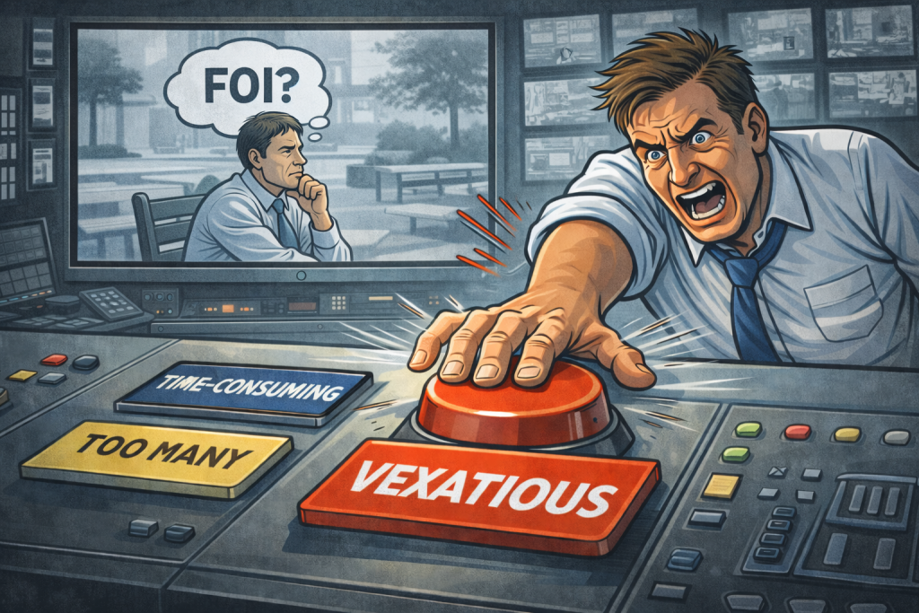 An authority worker in a surveillance room slams a red “VEXATIOUS” button while a screen shows a man outdoors simply thinking “FOI?”