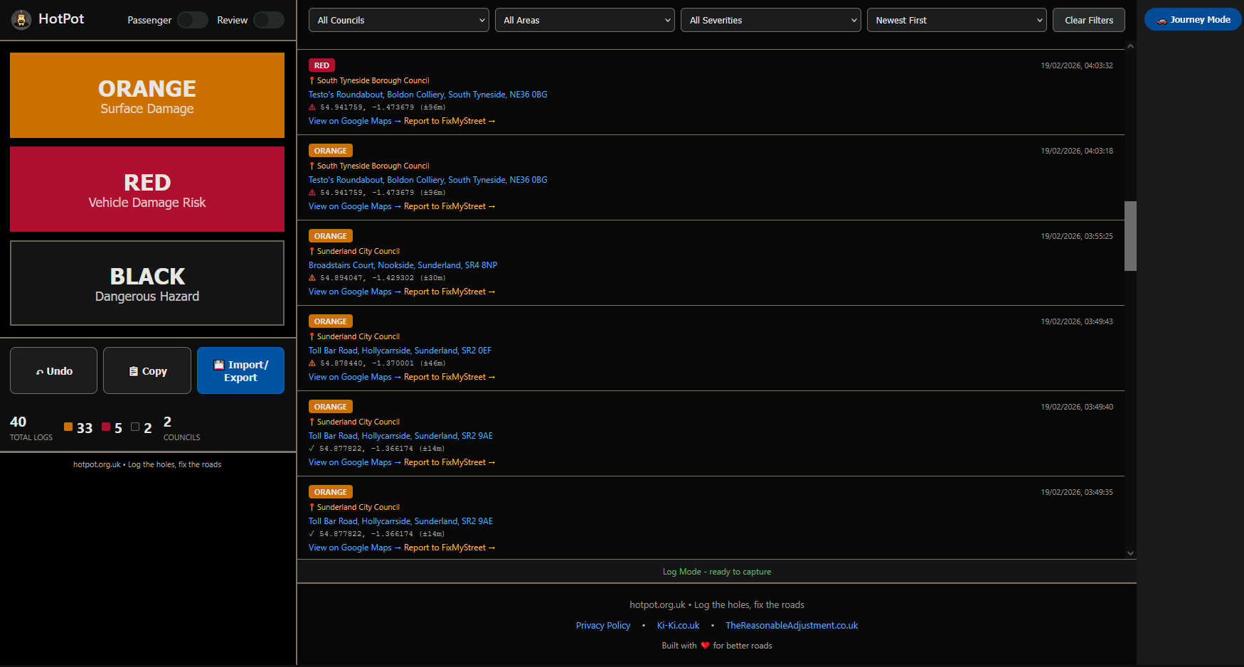 HotPot UI showing three severity buttons and a log list with council and FixMyStreet links
