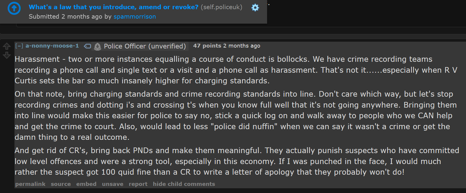 Screenshot of a Reddit r policeuk comment by an unverified police officer stating that recording two contacts as harassment is “bollocks” and that R v Curtis sets a much higher charging threshold.