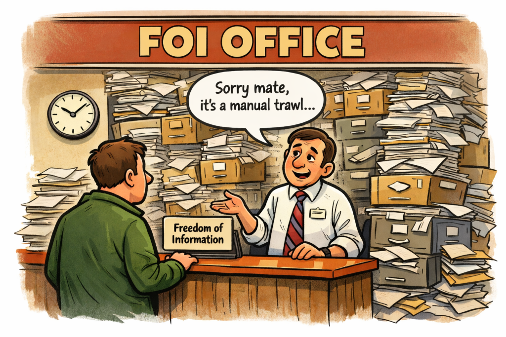 Cartoon of a public information desk where an FOI request is refused due to a “manual trawl”, with piles of unorganised documents stacked behind the clerk