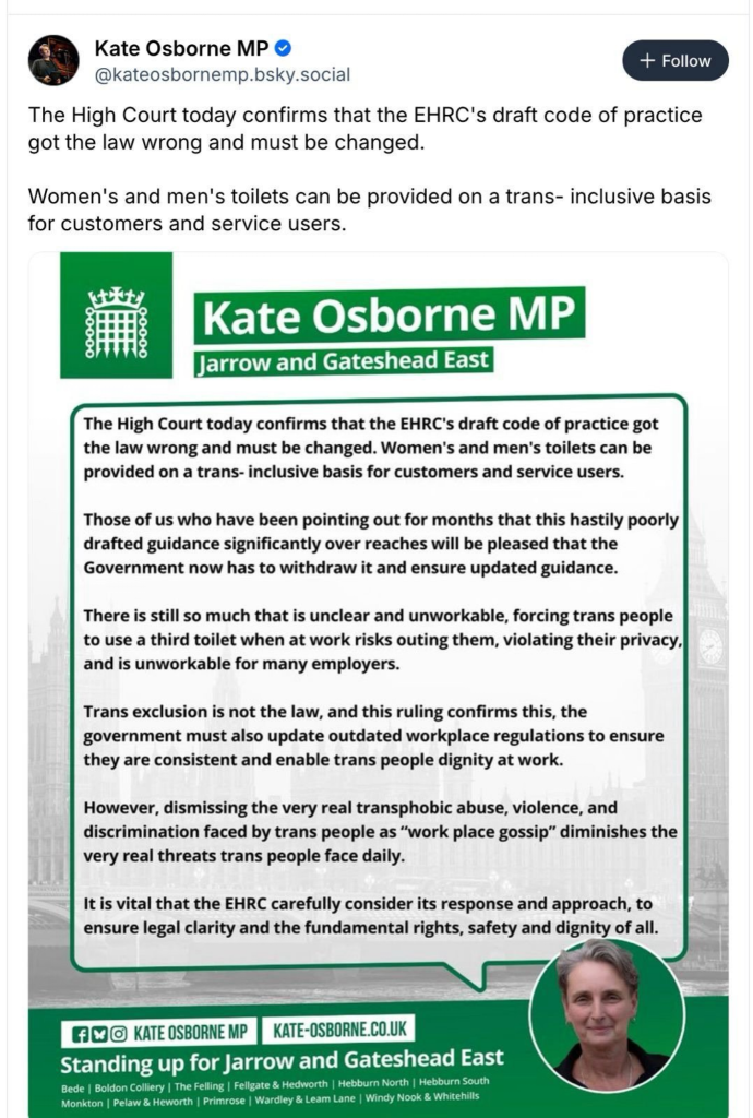 Screenshot of Kate Osborne MP social media graphic in green branding claiming the High Court confirmed the EHRC's draft code of practice got the law wrong and must be changed, with text about trans inclusive toilets and workplace protections.