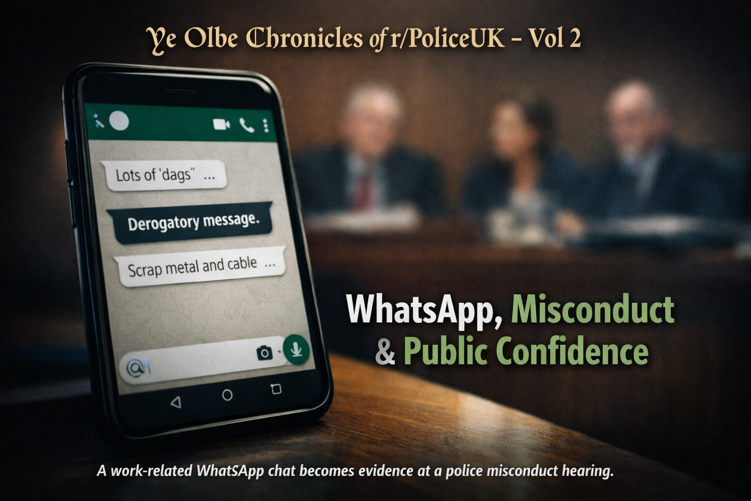 Smartphone displaying WhatsApp chat bubbles in front of a blurred police misconduct hearing panel backdrop.