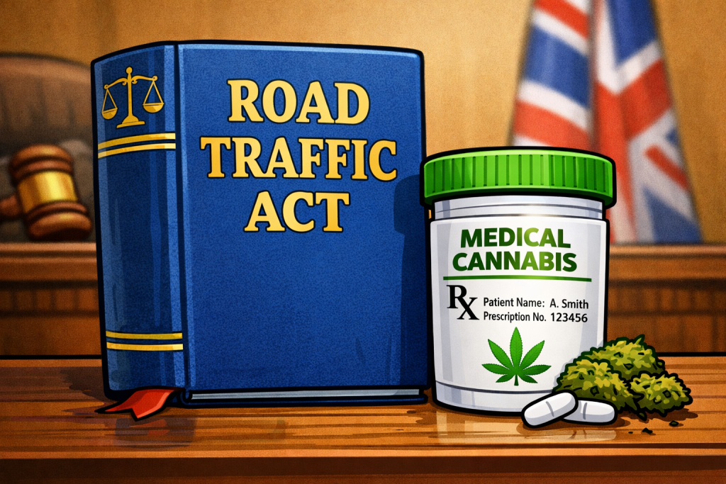 Cartoon illustration of a Road Traffic Act law book beside a medical cannabis prescription tub, symbolising the clash between UK drug driving law and prescribed cannabis.