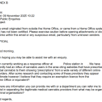 Email from police response officer to Home Office asking about legitimacy of online medical cannabis prescriptions and licensing requirements