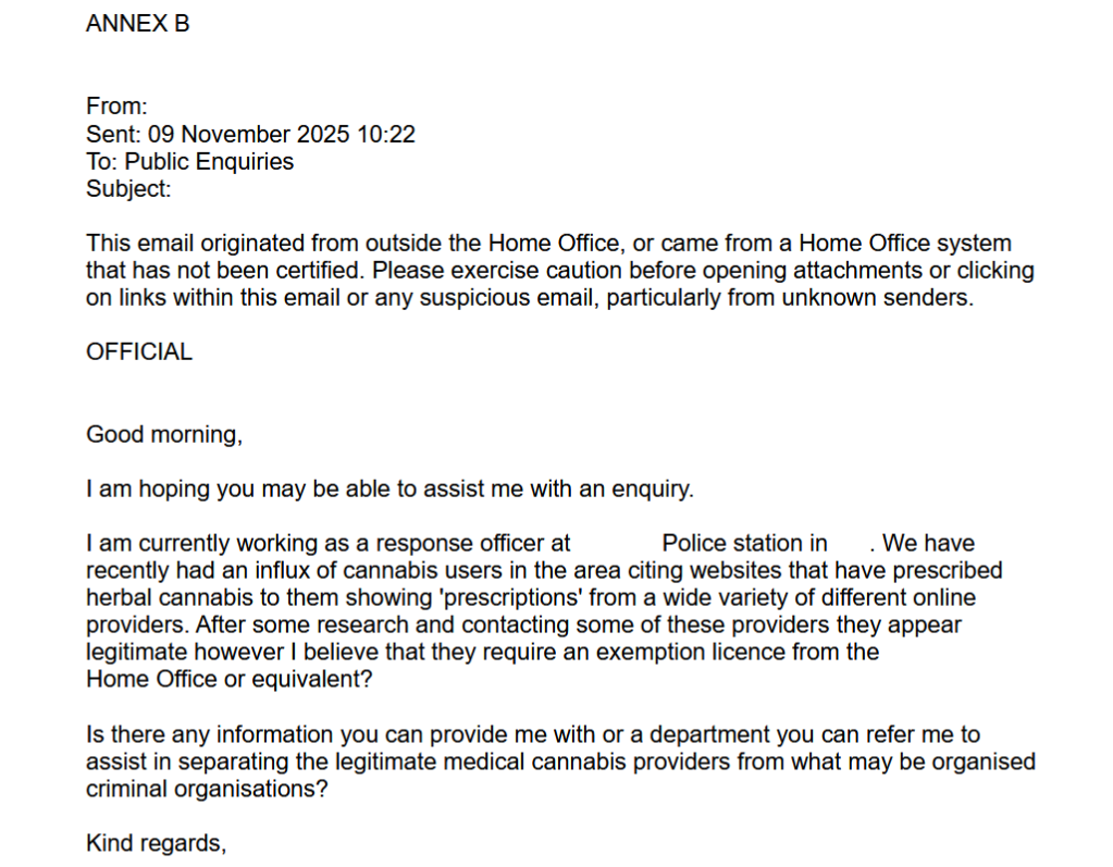 Email from police response officer to Home Office asking about legitimacy of online medical cannabis prescriptions and licensing requirements