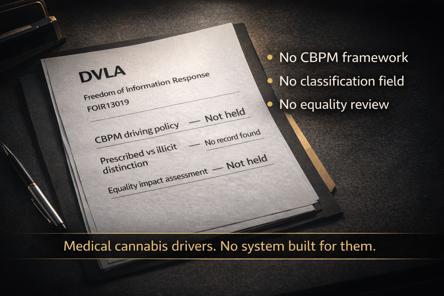 DVLA Freedom of Information response FOIR13019 showing no CBPM driving policy, no prescribed versus illicit distinction, and no equality impact assessment for medical cannabis drivers