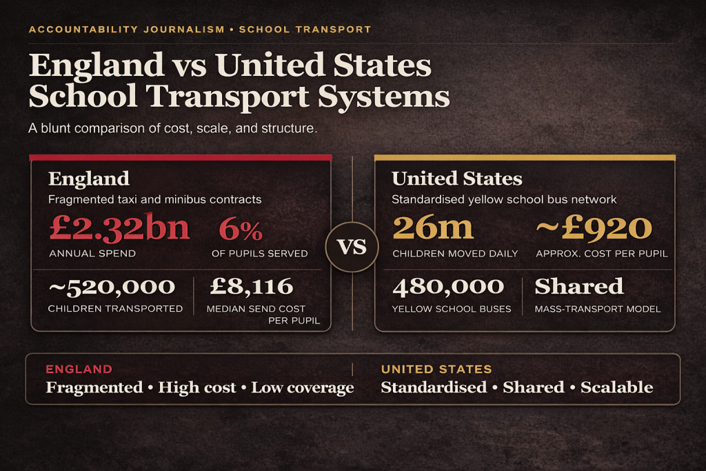 Infographic comparing England and United States school transport systems, showing England spends £2.32bn to transport about 520,000 pupils while the US school bus system moves around 26 million children daily at roughly £920 per pupil.