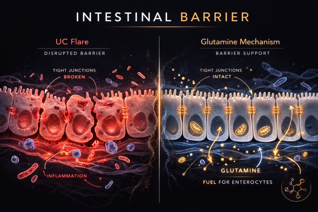 Clinical infographic showing disrupted intestinal barrier during a UC flare compared with glutamine-related barrier support and intact tight junctions