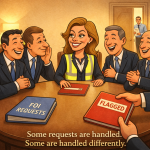 Satirical illustration of a mayor in a high visibility vest at a round table where a folder marked Flagged is being presented alongside FOI requests