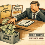 Editorial illustration of a suited official covering his eyes while throwing public money into a box labelled Impact Report, ignoring documents labelled Grant Conditions and Monitoring Visit