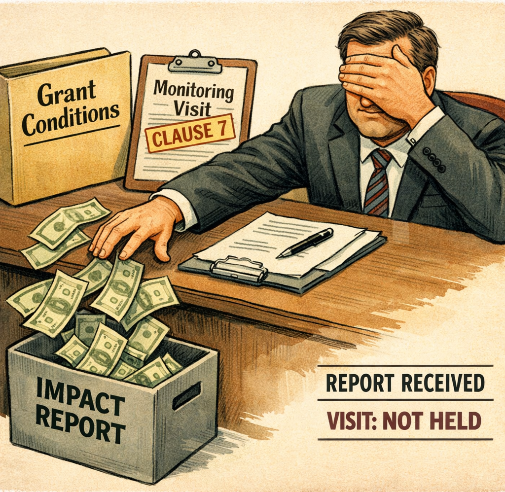 Editorial illustration of a suited official covering his eyes while throwing public money into a box labelled Impact Report, ignoring documents labelled Grant Conditions and Monitoring Visit