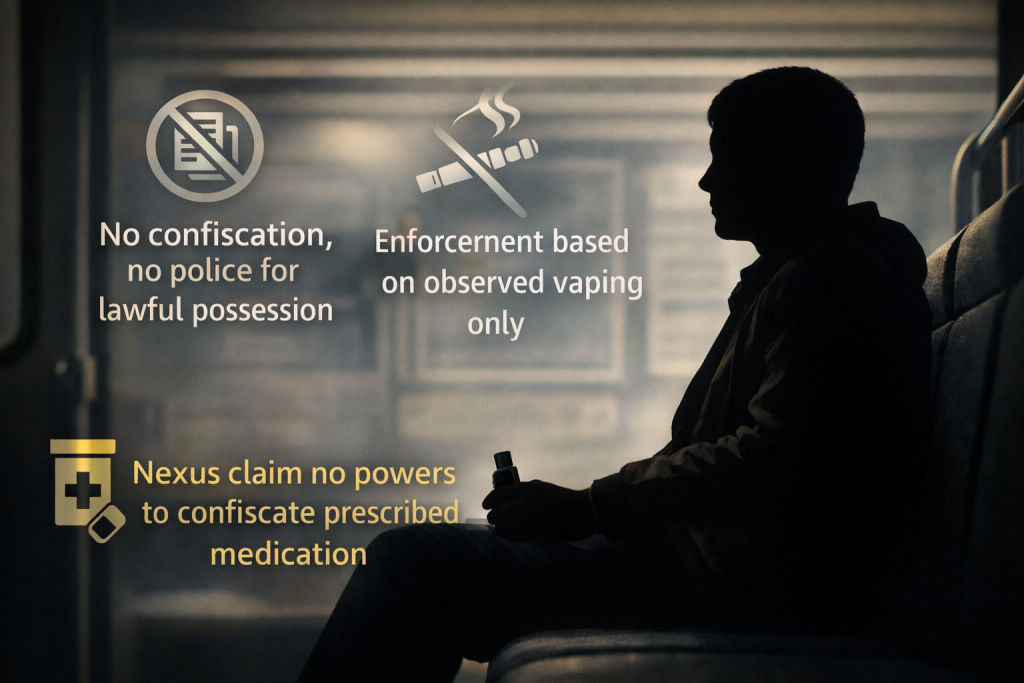 Silhouetted Metro passenger holding a vape device with overlay text summarising Nexus claims on confiscation and enforcement thresholds