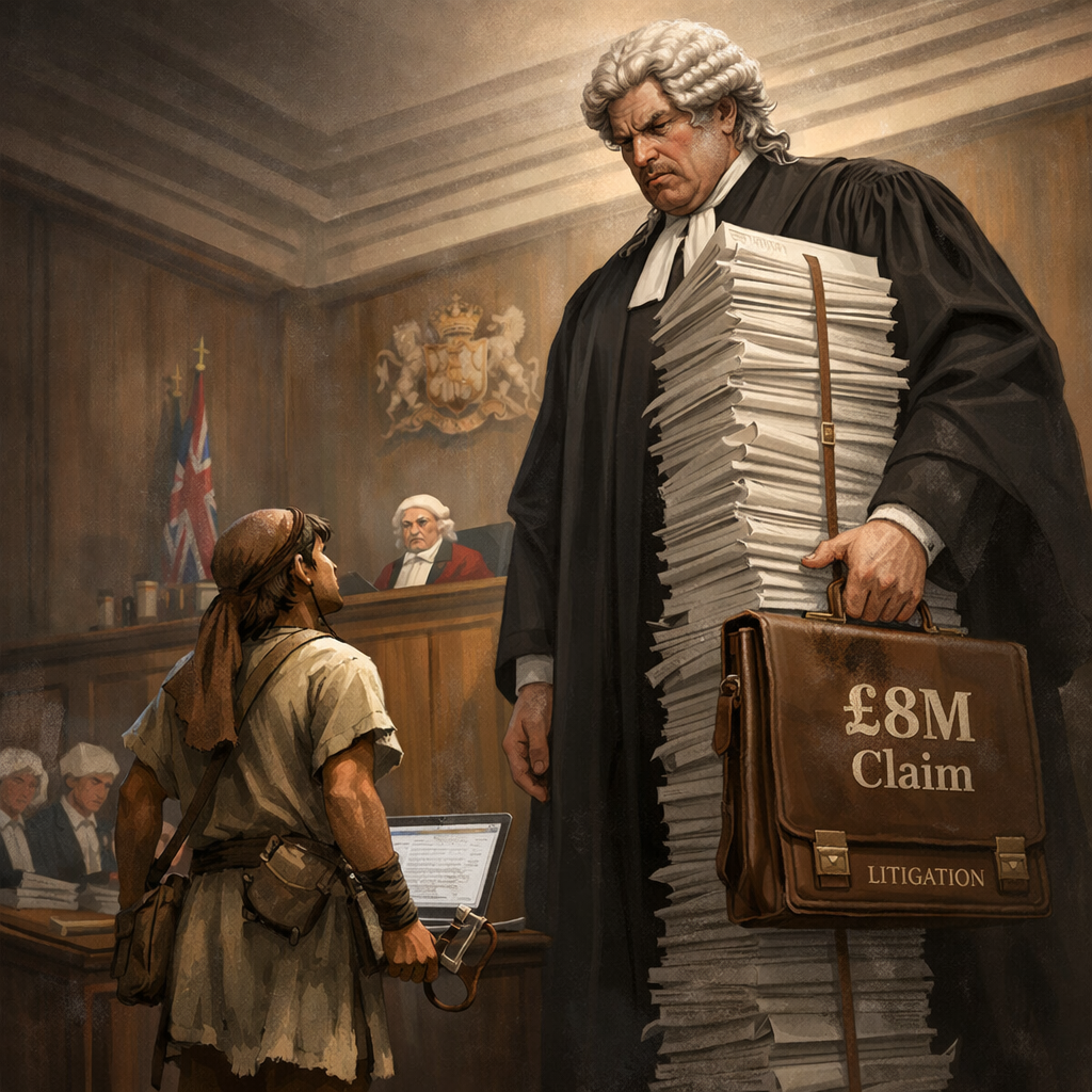 David and Goliath metaphor in a British courtroom, a small shepherd facing a towering barrister holding stacks of legal papers and a briefcase labelled £8M claim