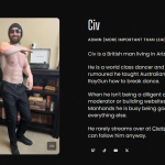 Screenshot of manhands.tv staff page showing Civ listed as Admin with bio stating he builds websites for Manhands