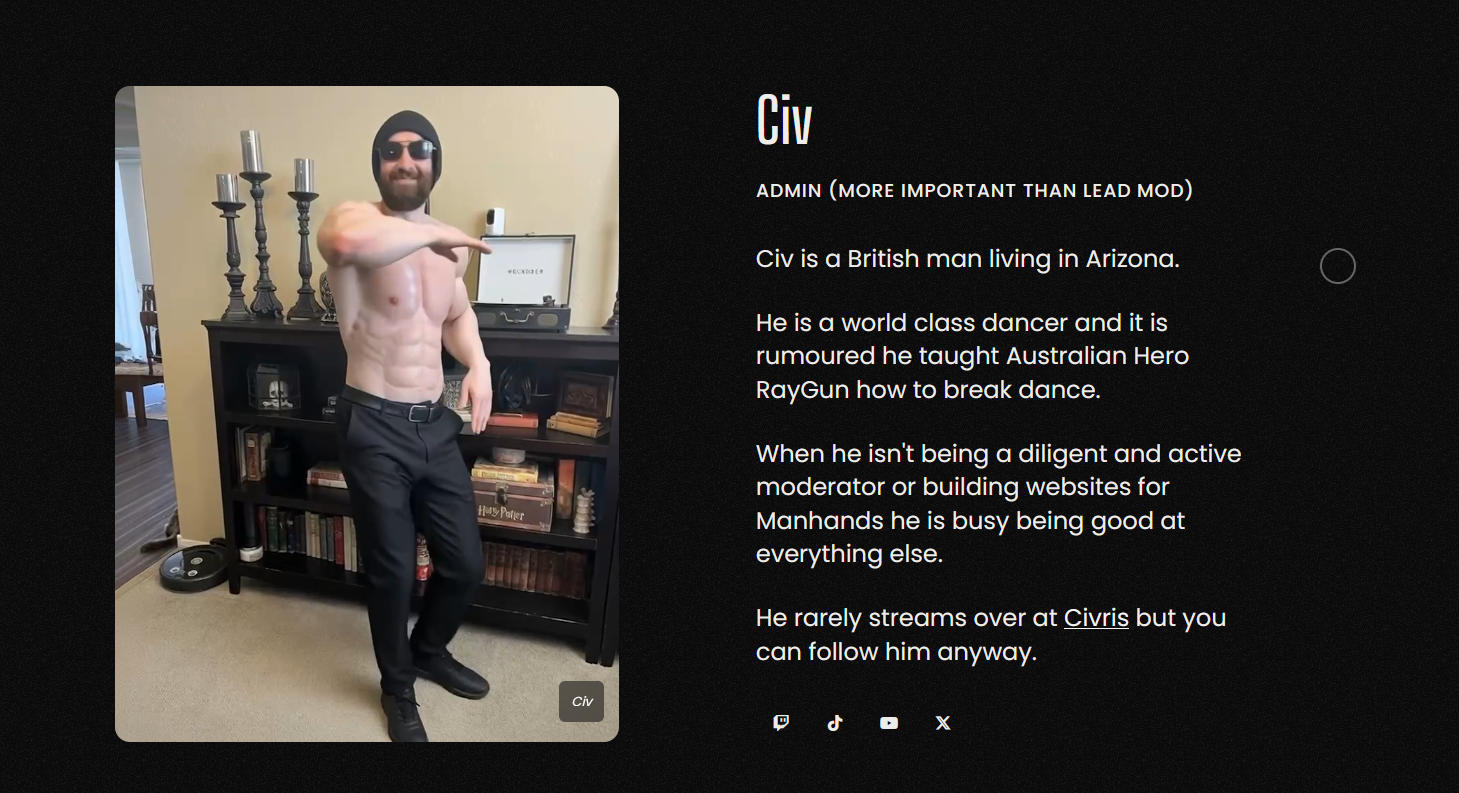 Screenshot of manhands.tv staff page showing Civ listed as Admin with bio stating he builds websites for Manhands