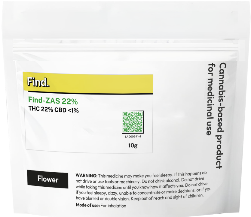 Find ZAS 22% medical cannabis flower packaging, 10g pouch with THC 22% and CBD less than 1%