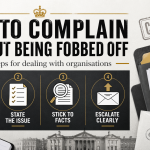 Infographic featured image showing four steps for complaining to organisations: keep records, state the issue, stick to facts, and escalate clearly.