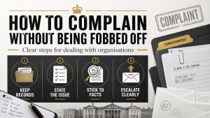 Infographic featured image showing four steps for complaining to organisations: keep records, state the issue, stick to facts, and escalate clearly.