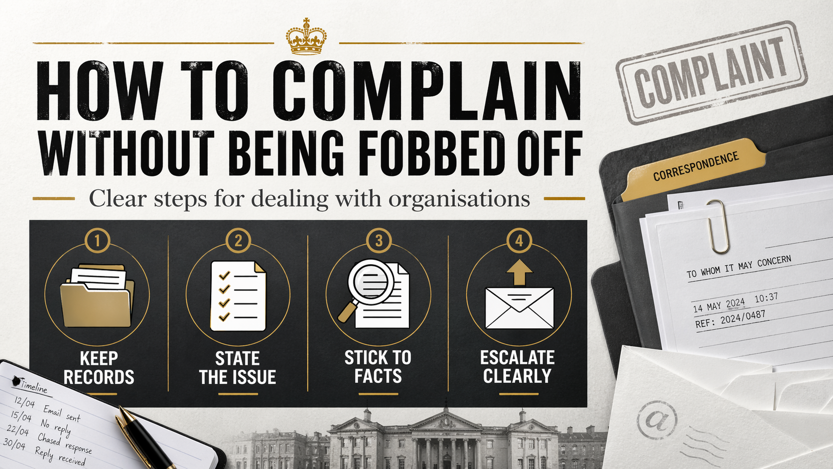 Infographic featured image showing four steps for complaining to organisations: keep records, state the issue, stick to facts, and escalate clearly.