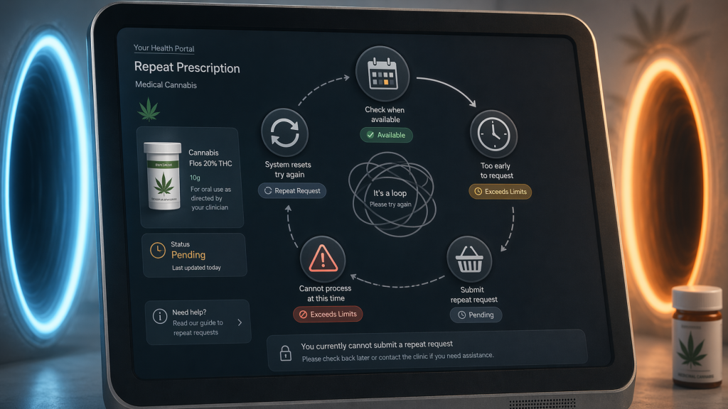 Illustrated patient portal screen showing a medical cannabis repeat request stuck in a loop between calendar, timing and blocked access icons.