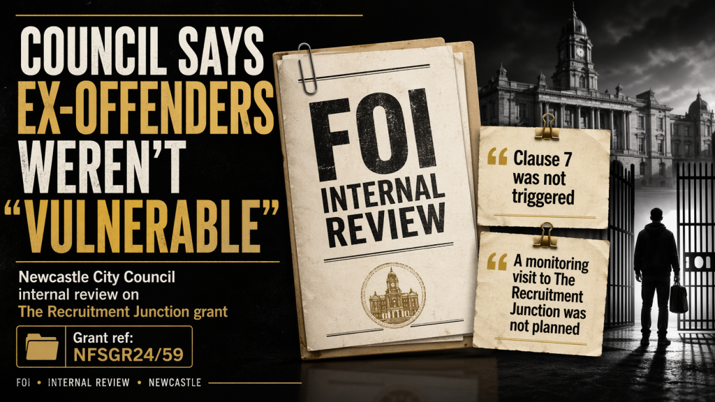 Infographic-style featured image showing a Freedom of Information internal review into Newcastle City Council’s handling of The Recruitment Junction grant, with headline text stating that ex-offenders were not treated as “vulnerable”, alongside callouts saying Clause 7 was not triggered and no monitoring visit was planned.