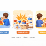 Cartoon illustration showing a routine breaking apart and being rebuilt, representing transition periods in autism