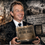 Satirical double exposure image of Tony Blair holding a “Controversy of the Year” award, surrounded by imagery referencing Iraq, Afghanistan, welfare reform and disability benefit assessments.